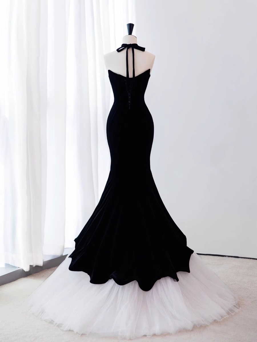 Robe de bal sirène en velours noir sans manches en tulle B020