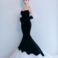 Robe de bal sirène en velours noir sans manches en tulle B020