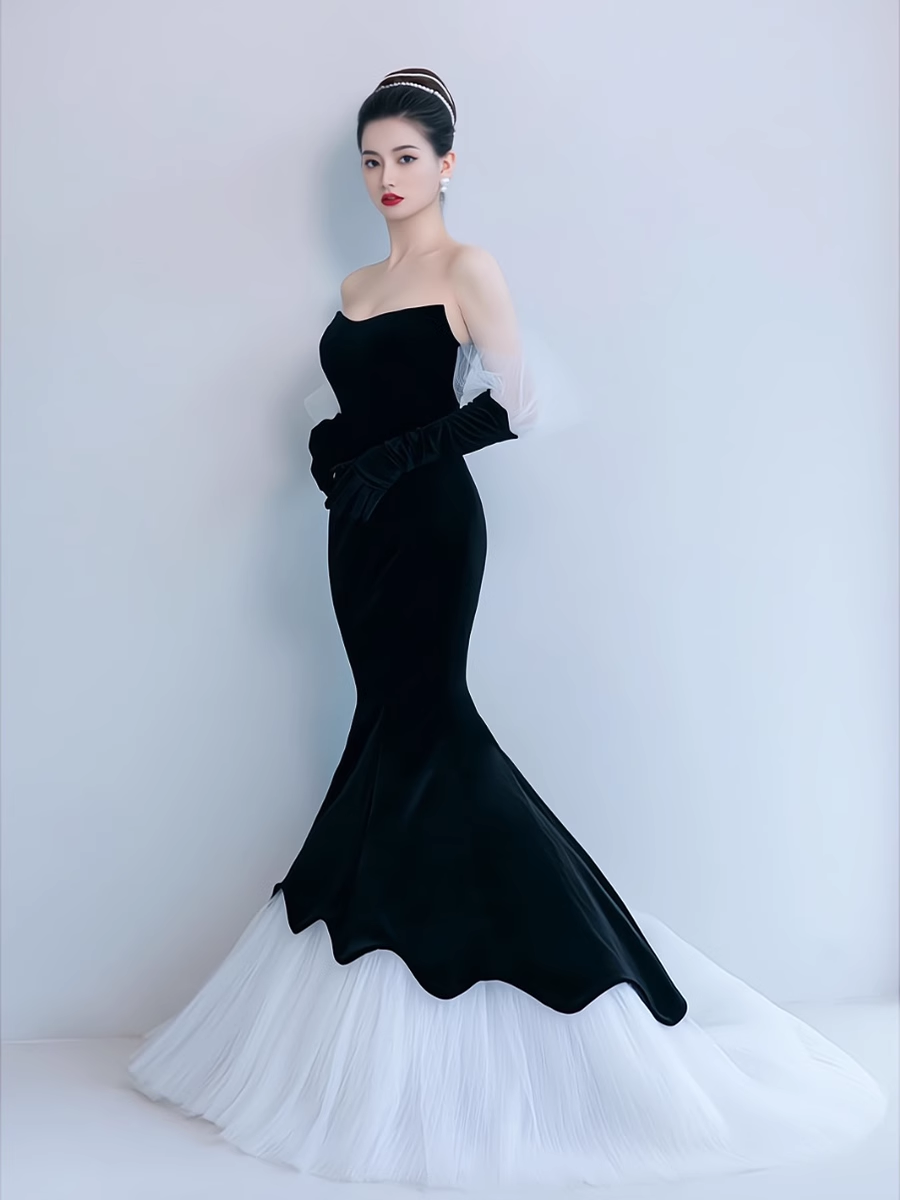 Robe de bal sirène en velours noir sans manches en tulle B020