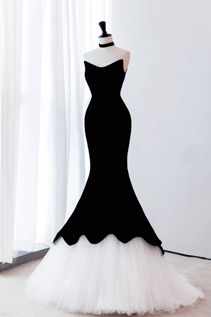 Robe de bal sirène en velours noir sans manches en tulle B020