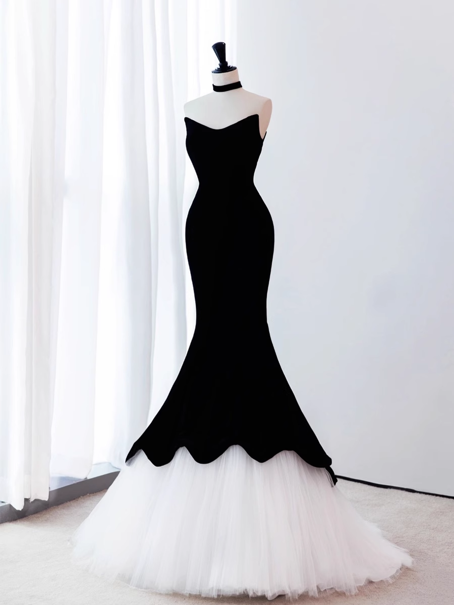 Robe de bal sirène en velours noir sans manches en tulle B020