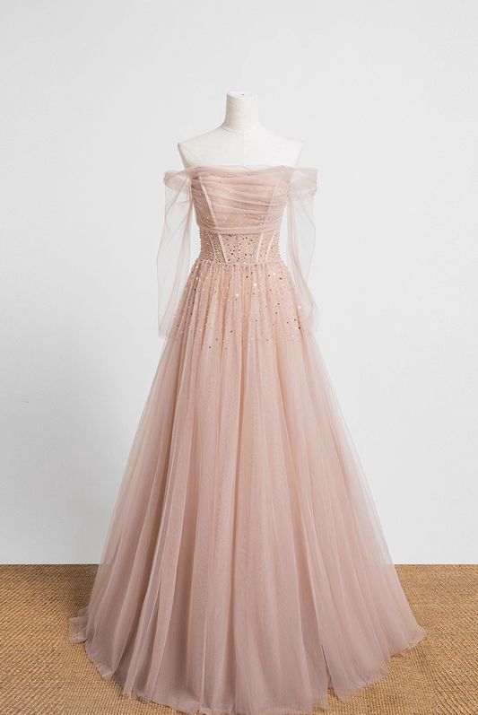 Robe de bal princesse en tulle rose, ligne A, épaules dénudées, B025