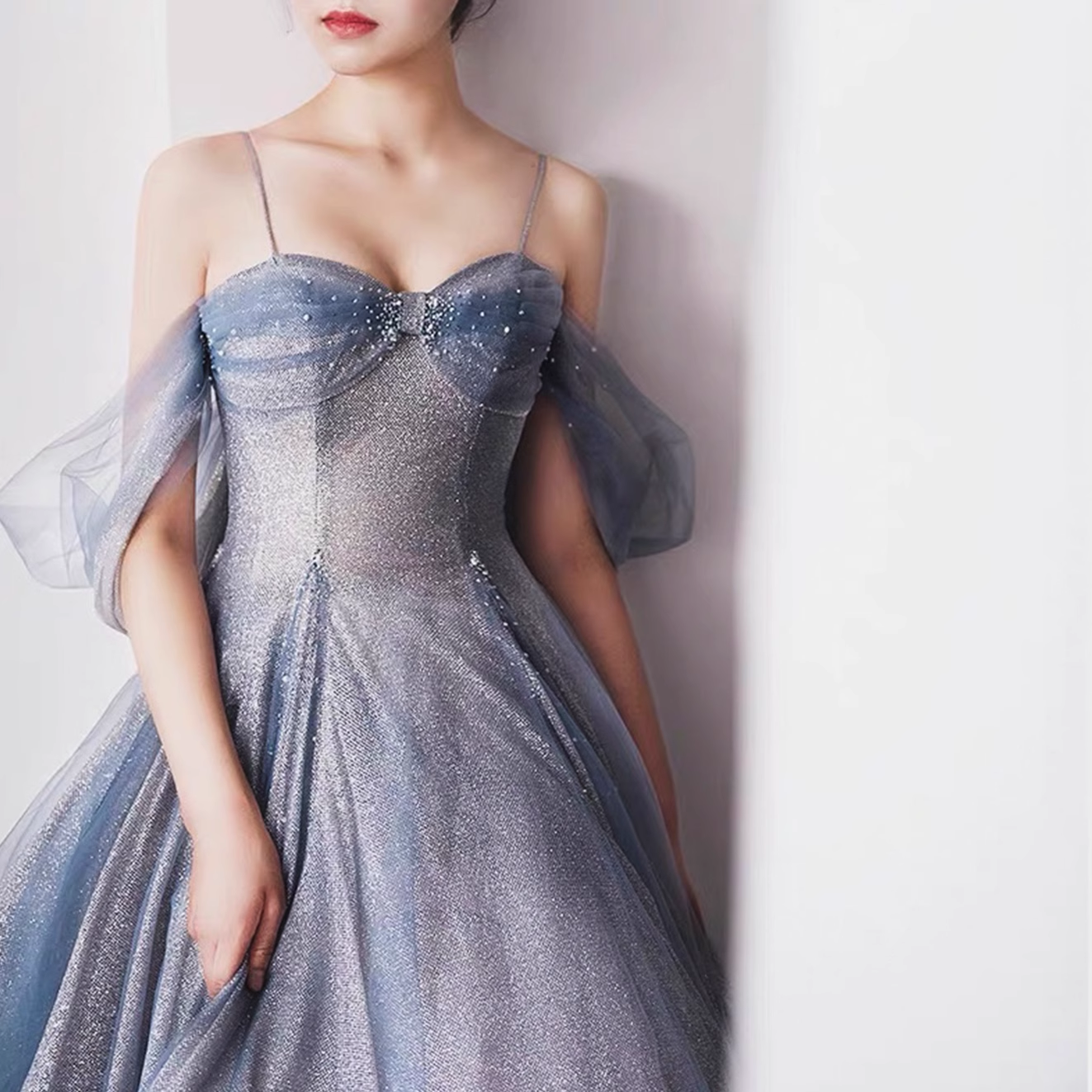 Cute A line Off The Shoulder Blue Tulle Prom Dress B026