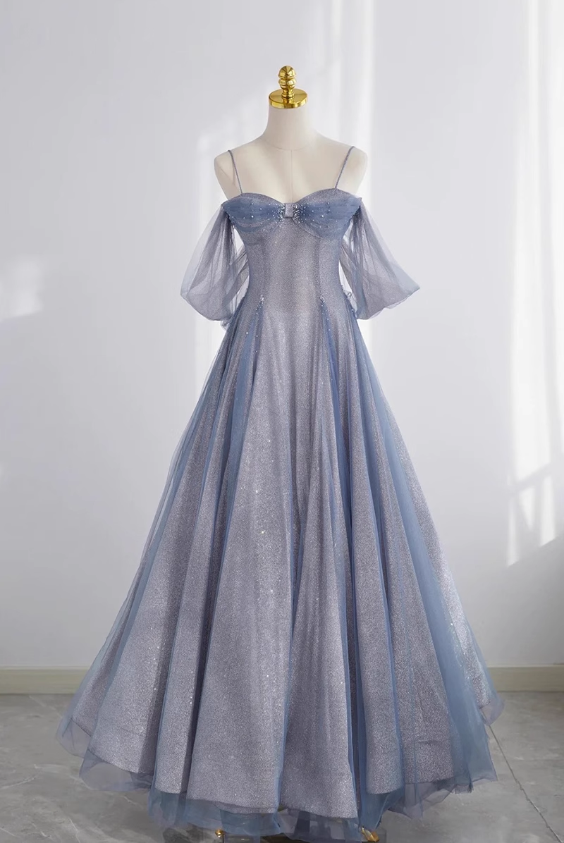 Jolie robe de bal en tulle bleu, ligne A, épaules dénudées, B026