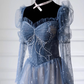 Cute A line Long Sleeves Blue Tulle Prom Dress B027