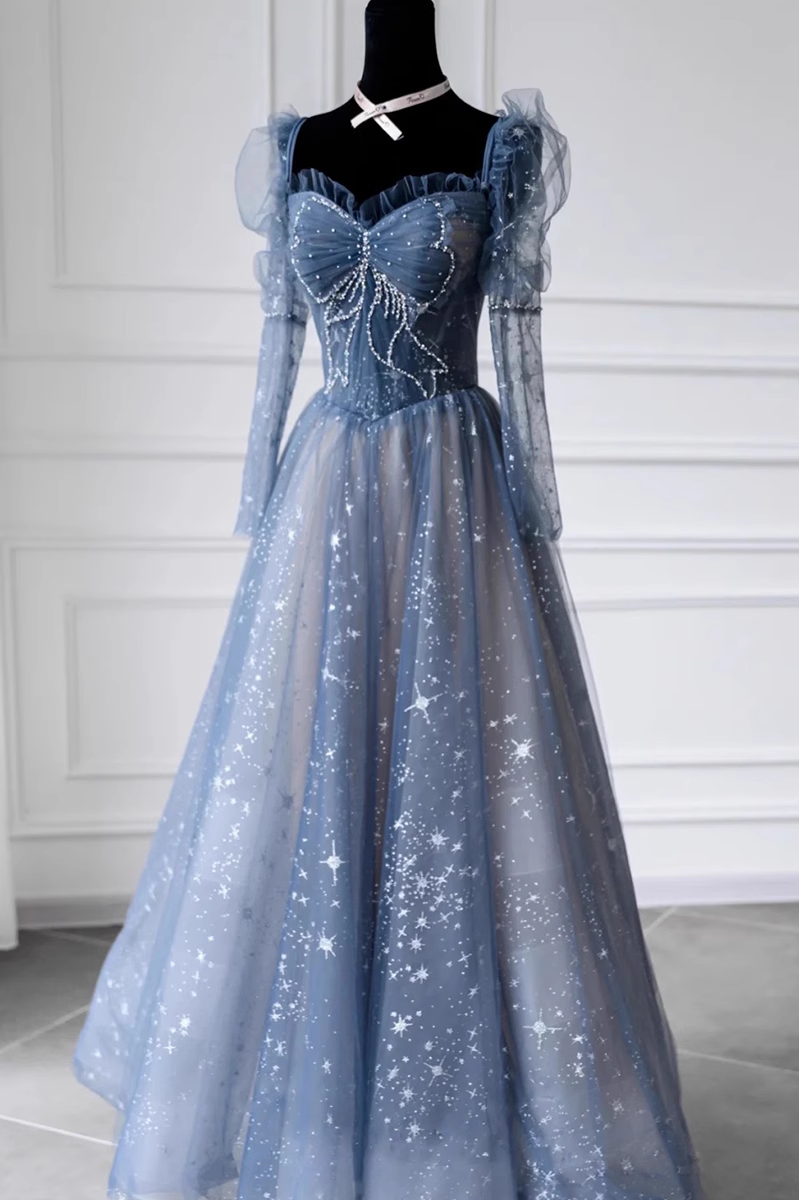 Jolie robe de bal en tulle bleu à manches longues et ligne A B027