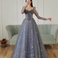 Jolie robe de bal en tulle bleu à manches longues et ligne A B027