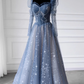 Jolie robe de bal en tulle bleu à manches longues et ligne A B027