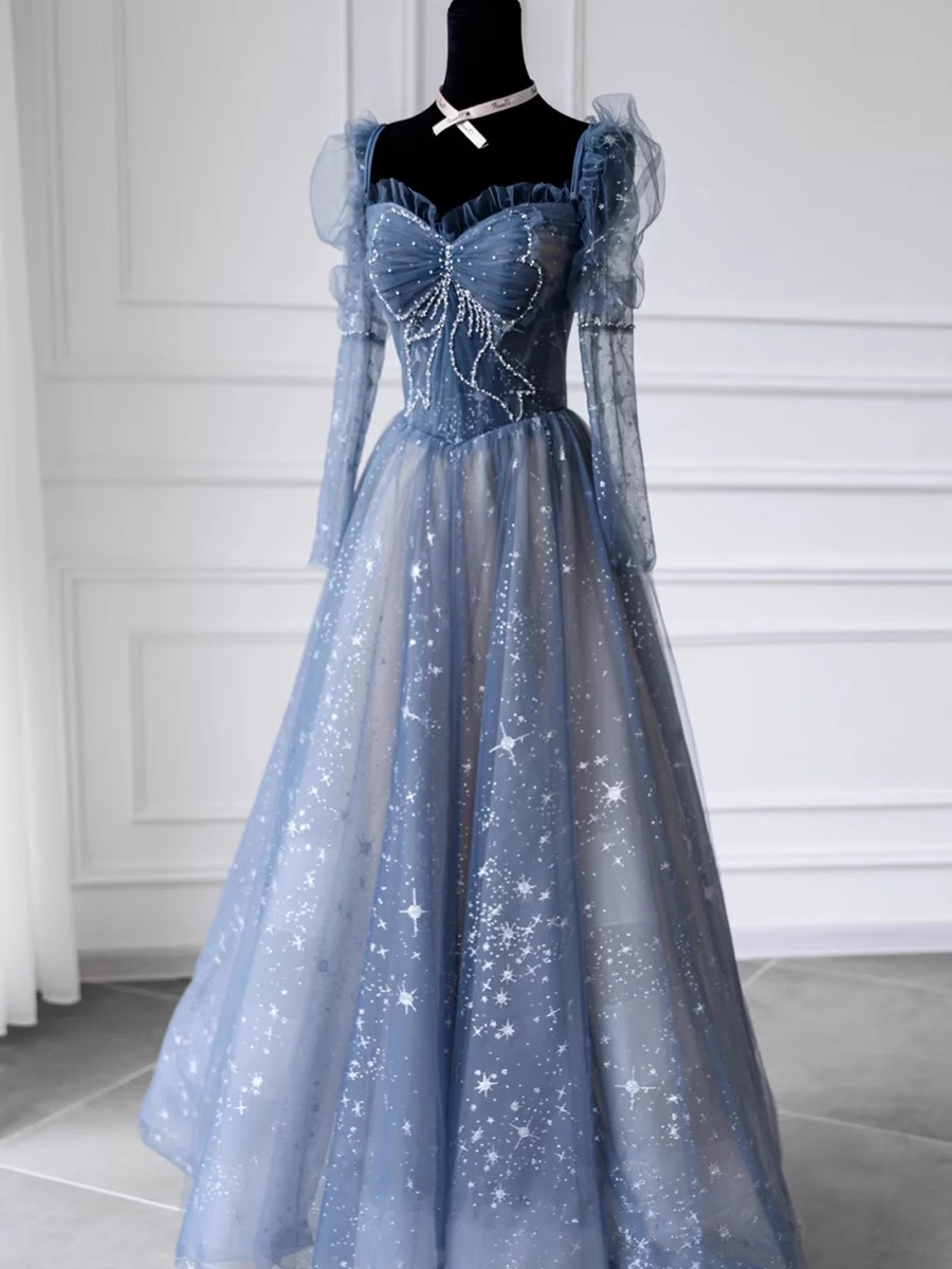 Jolie robe de bal en tulle bleu à manches longues et ligne A B027