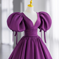 Ball Gown Short Sleeves Grape Satin Long Prom Dresses B028