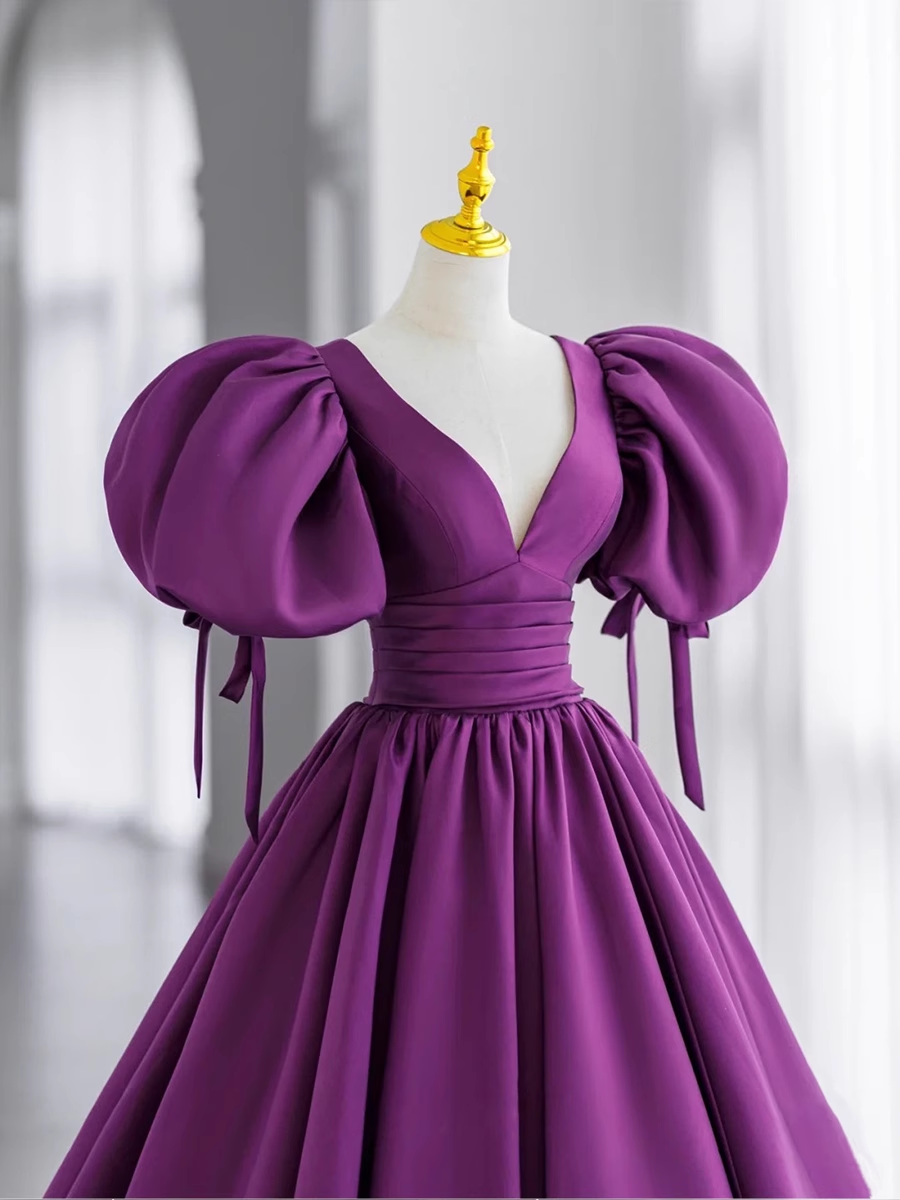 Ball Gown Short Sleeves Grape Satin Long Prom Dresses B028