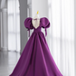 Ball Gown Short Sleeves Grape Satin Long Prom Dresses B028