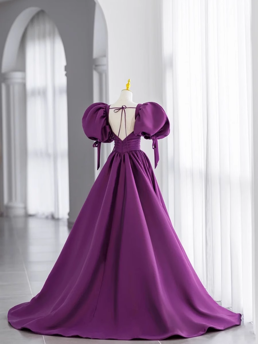 Ball Gown Short Sleeves Grape Satin Long Prom Dresses B028