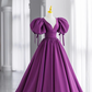 Ball Gown Short Sleeves Grape Satin Long Prom Dresses B028