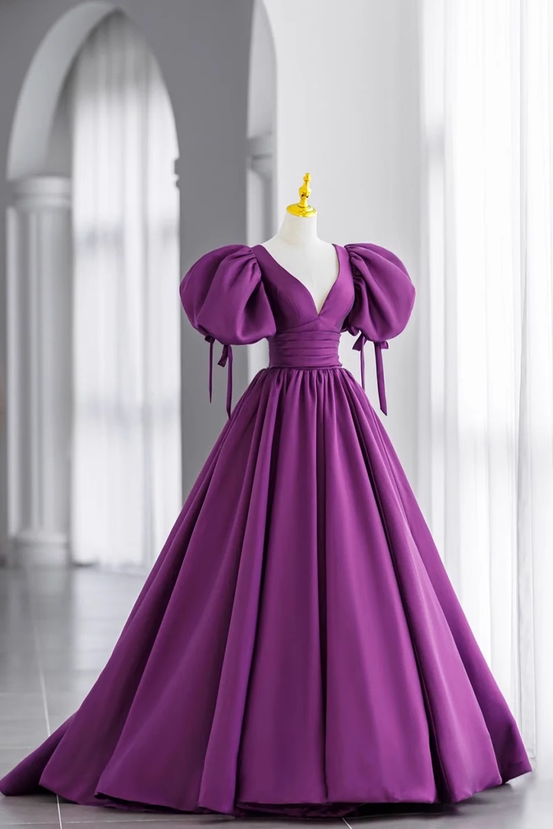 Ball Gown Short Sleeves Grape Satin Long Prom Dresses B028
