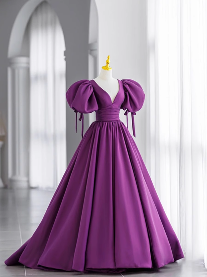 Ball Gown Short Sleeves Grape Satin Long Prom Dresses B028