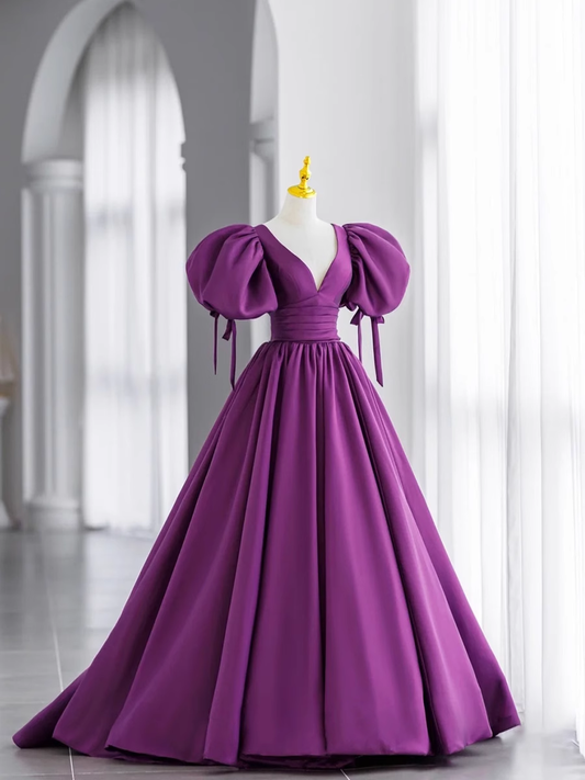 Robe de bal manches courtes raisin satin longues robes de bal B028