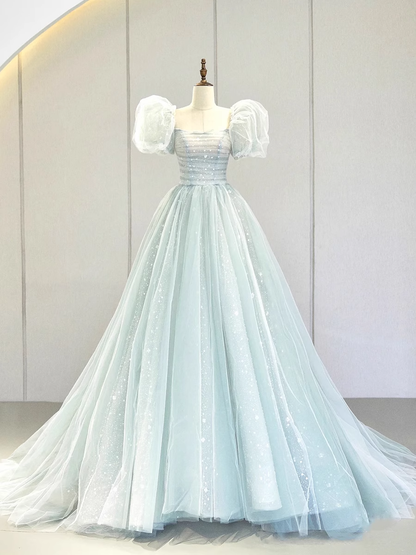 Ball Gown Short Sleeves Tulle Light Sky Blue Long Prom Dresses B029