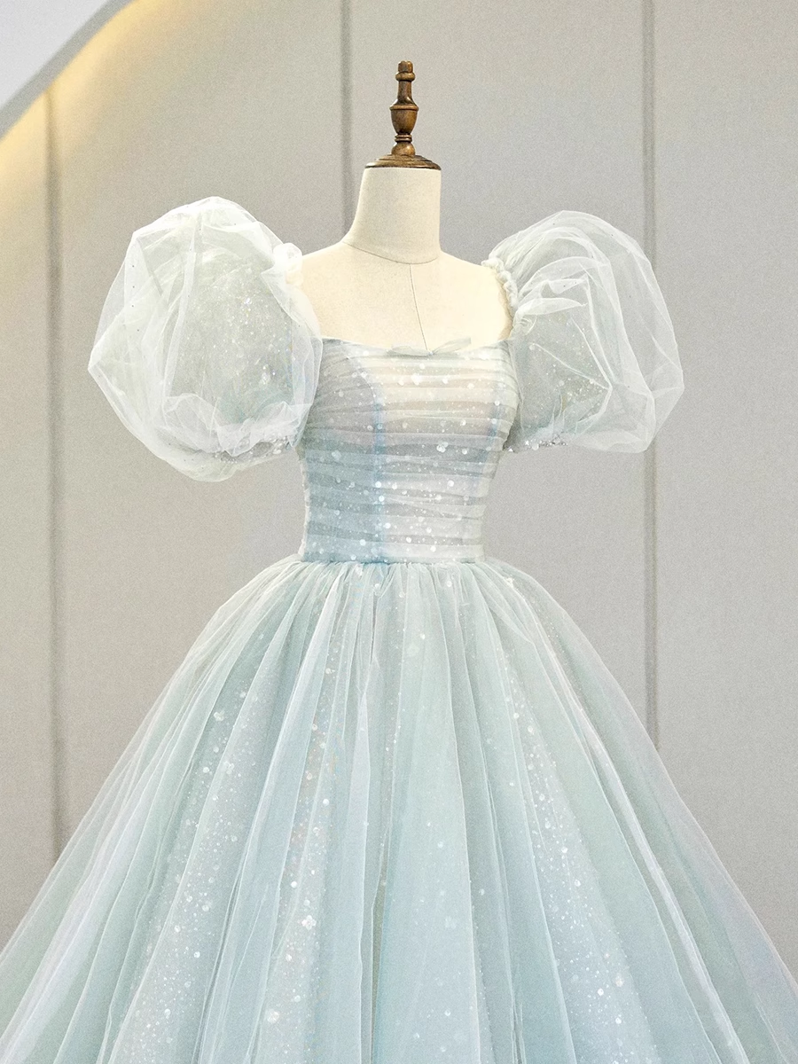 Ball Gown Short Sleeves Tulle Light Sky Blue Long Prom Dresses B029