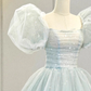 Ball Gown Short Sleeves Tulle Light Sky Blue Long Prom Dresses B029