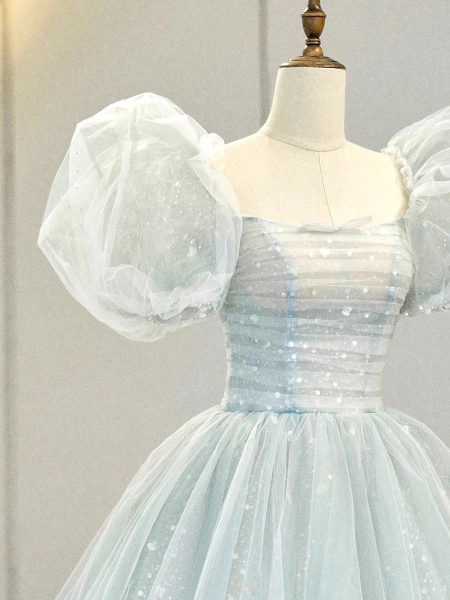 Ball Gown Short Sleeves Tulle Light Sky Blue Long Prom Dresses B029