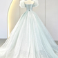 Ball Gown Short Sleeves Tulle Light Sky Blue Long Prom Dresses B029