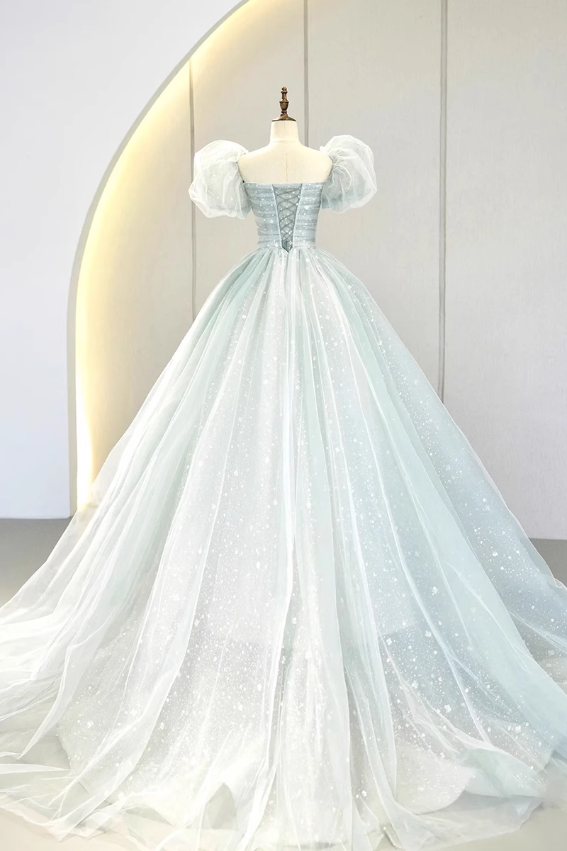 Ball Gown Short Sleeves Tulle Light Sky Blue Long Prom Dresses B029