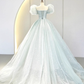 Ball Gown Short Sleeves Tulle Light Sky Blue Long Prom Dresses B029