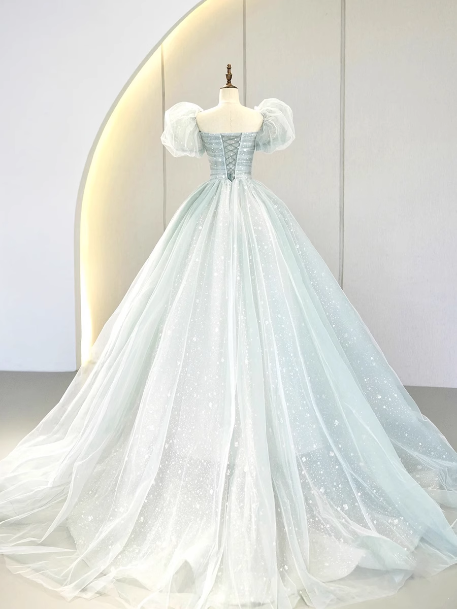 Ball Gown Short Sleeves Tulle Light Sky Blue Long Prom Dresses B029