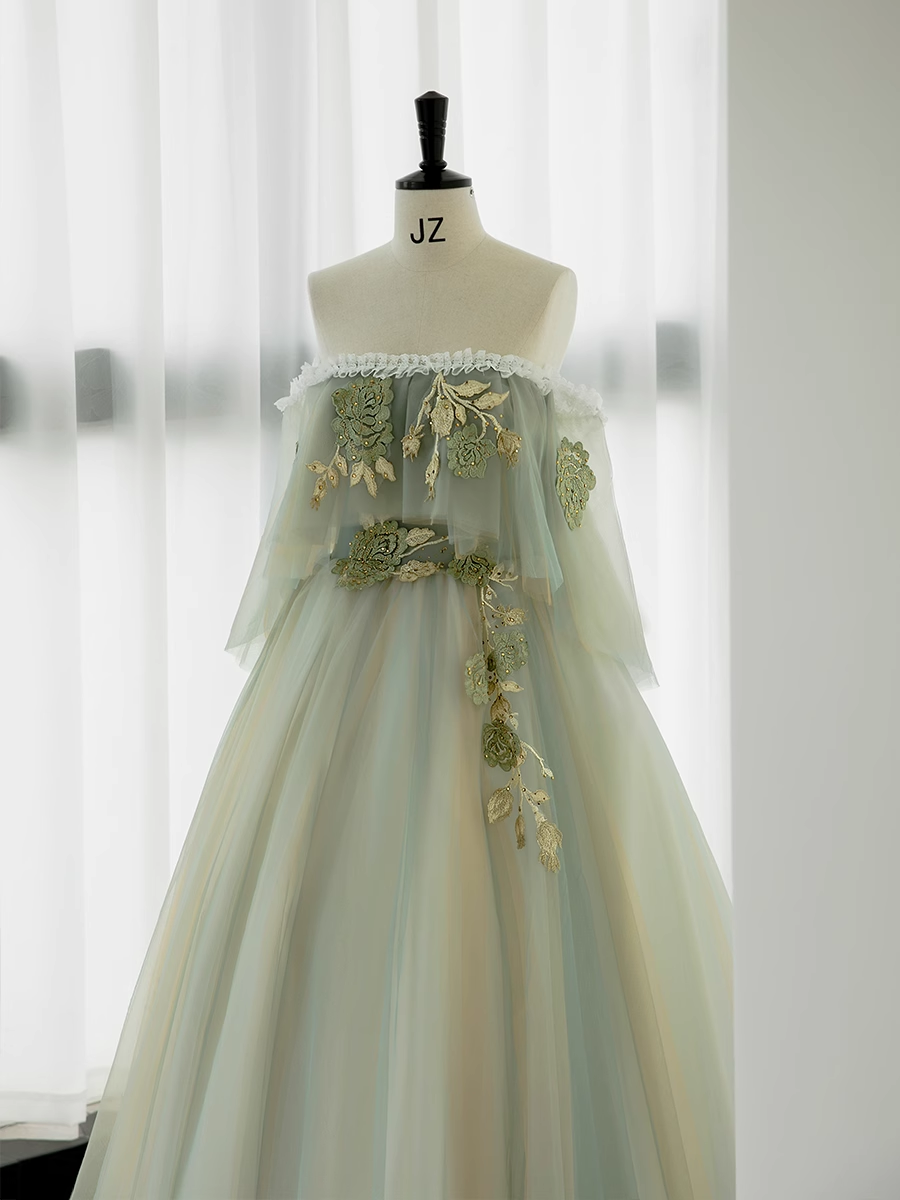 Ball Gown Short Sleeves Tulle Green Long Prom Dresses B030