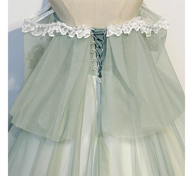 Ball Gown Short Sleeves Tulle Green Long Prom Dresses B030