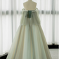 Ball Gown Short Sleeves Tulle Green Long Prom Dresses B030