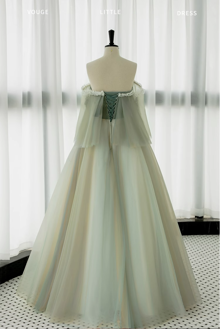 Ball Gown Short Sleeves Tulle Green Long Prom Dresses B030