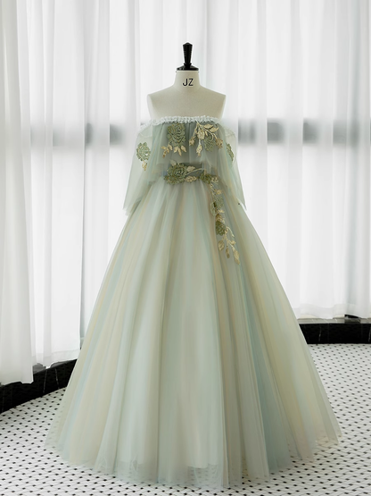 Ball Gown Short Sleeves Tulle Green Long Prom Dresses B030
