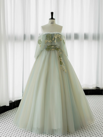 Robe de bal manches courtes Tulle vert longues robes de bal B030