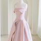 A-Line Satin Tulle Pink Long Prom Dress With Pearls B048