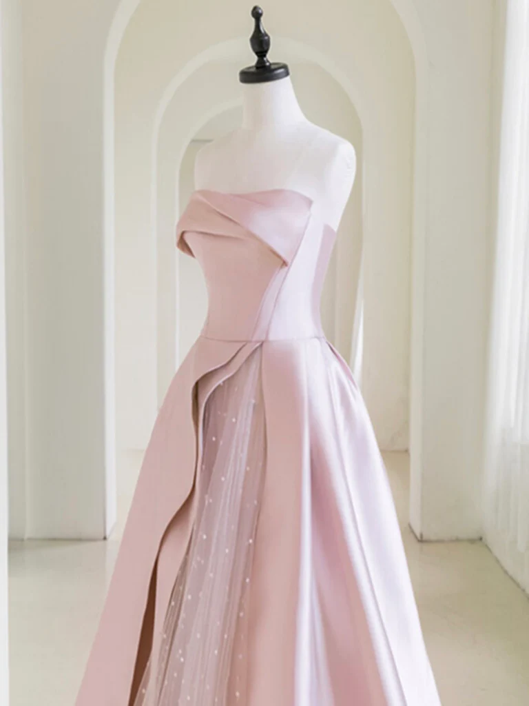 A-Line Satin Tulle Pink Long Prom Dress With Pearls B048