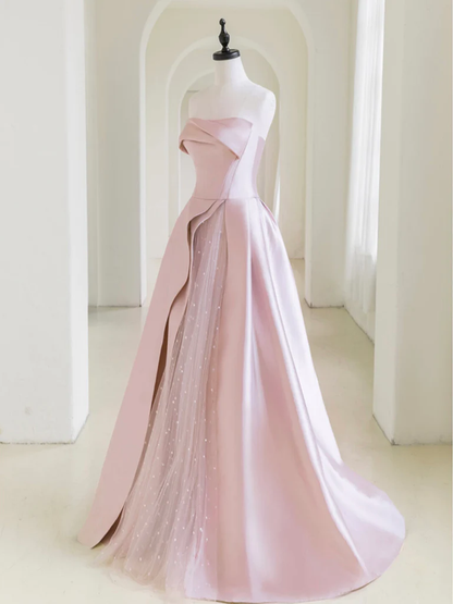 A-Line Satin Tulle Pink Long Prom Dress With Pearls B048