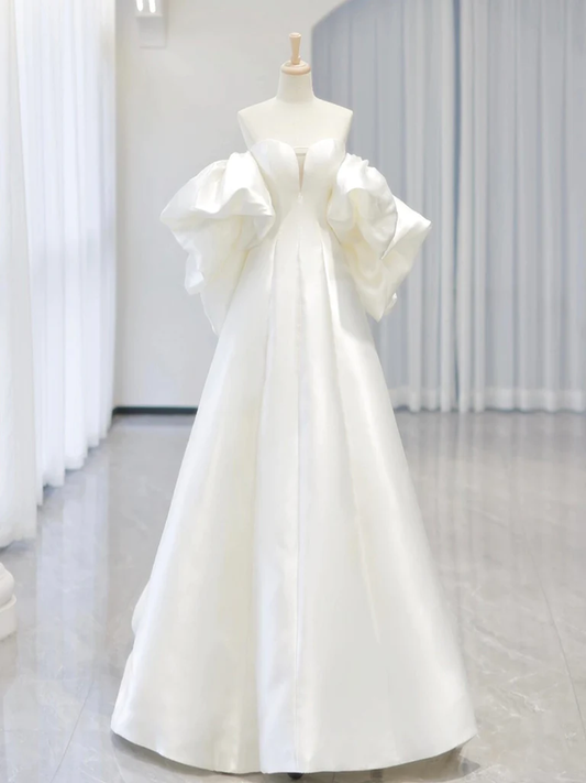 A-ligne chérie cou satin blanc longues robes de mariée B049