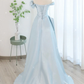 A-Line Light Sky Blue Satin Tulle Long Prom Dres B053