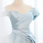 A-Line Light Sky Blue Satin Tulle Long Prom Dres B053