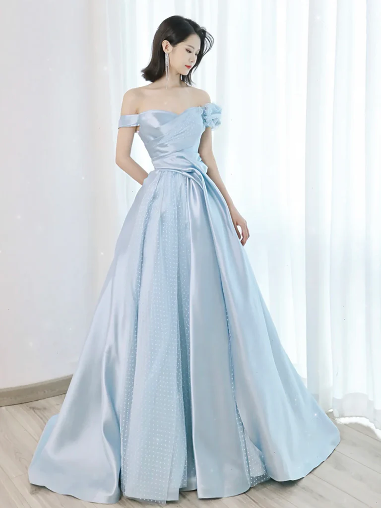 A-Line Light Sky Blue Satin Tulle Long Prom Dres B053