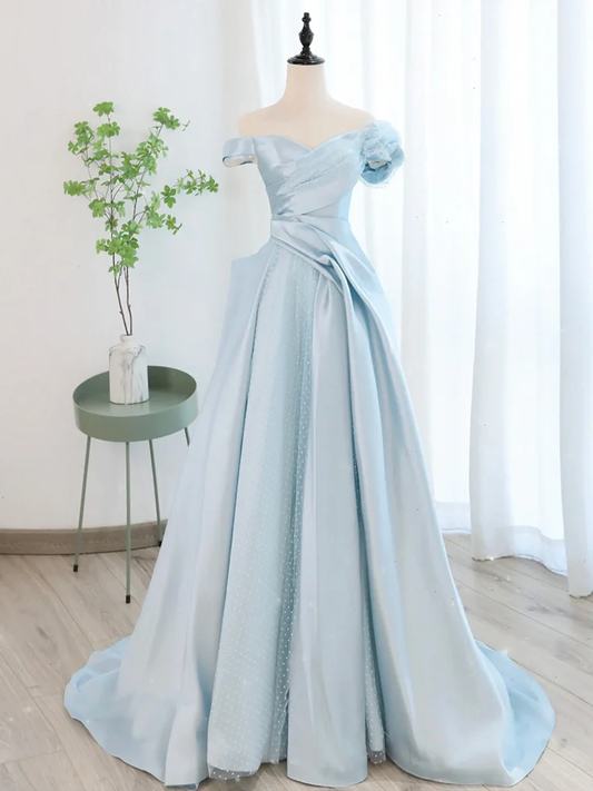 A-Line Light Sky Blue Satin Tulle Long Prom Dres B053