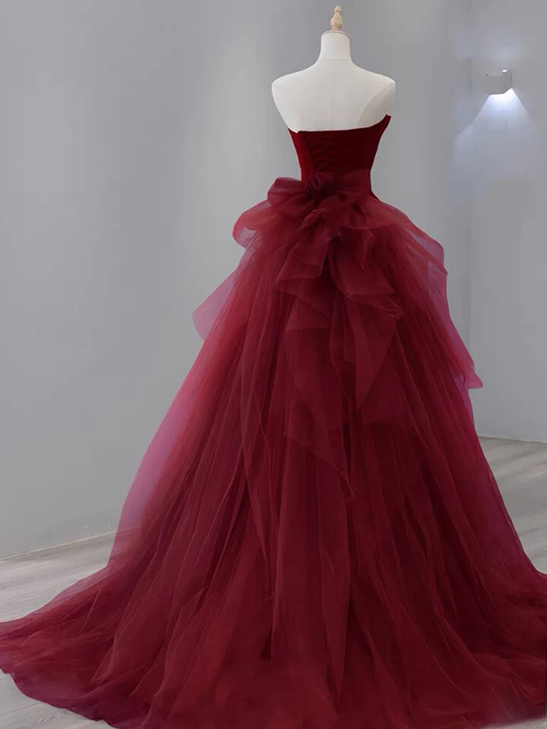 Simple Mermaid Tulle Velvet Burgundy Long Prom Dress B054