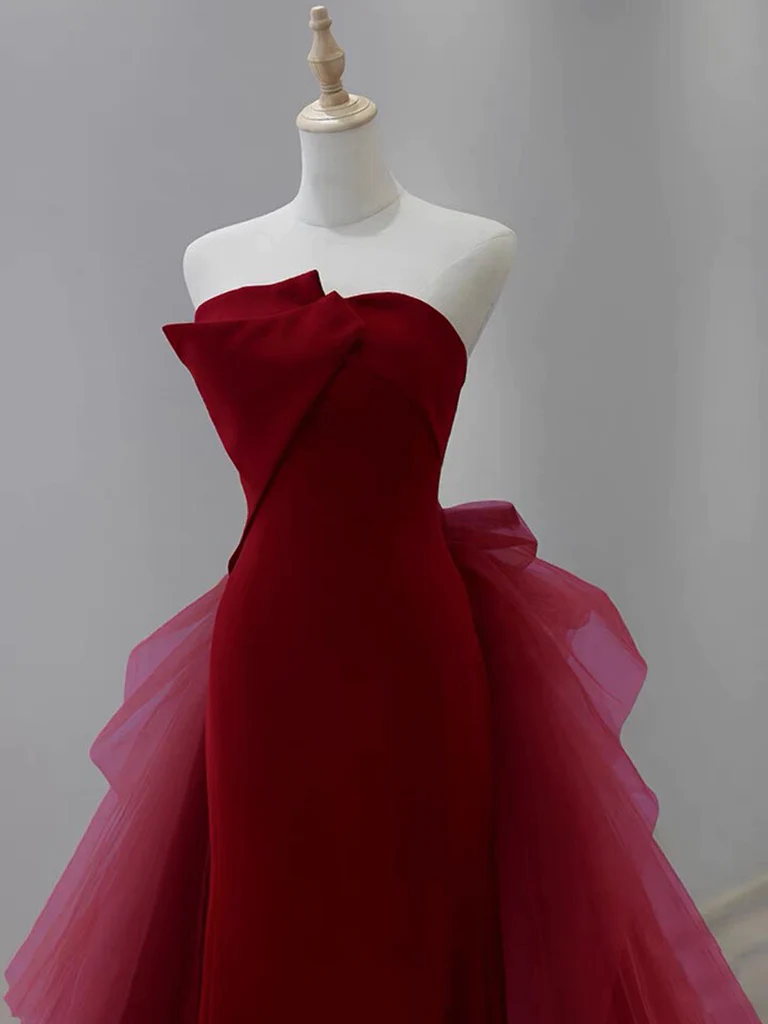 Simple Mermaid Tulle Velvet Burgundy Long Prom Dress B054