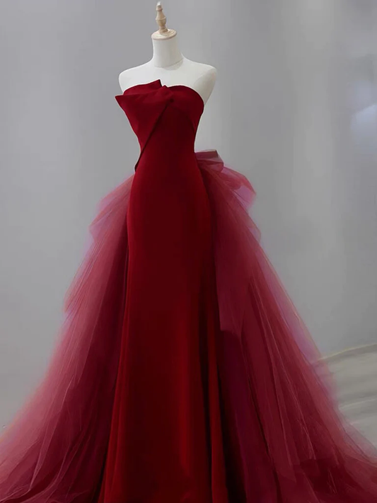 Robe de bal longue sirène simple en tulle et velours bordeaux B054