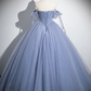 Superbe robe de bal bleue a-ligne de perles en Tulle longues robes douces 16 B055