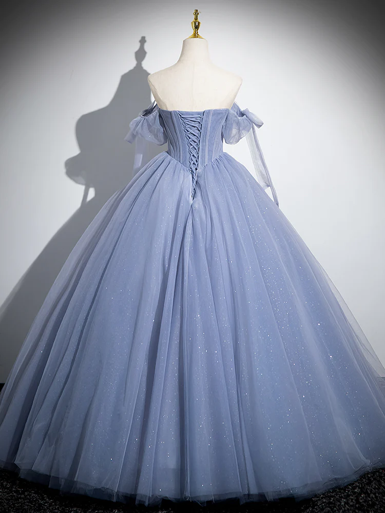 Stunning Ball Gown Blue A-Line Tulle Beads Long Sweet 16 Dresses B055