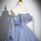 Superbe robe de bal bleue a-ligne de perles en Tulle longues robes douces 16 B055