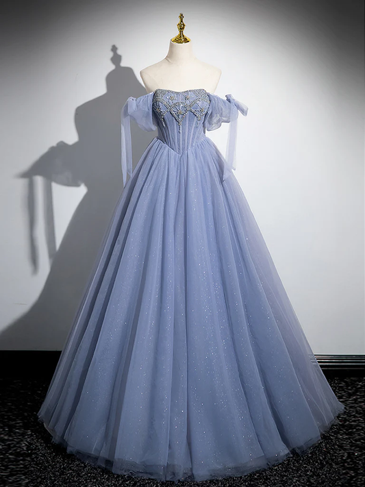 Superbe robe de bal bleue a-ligne de perles en Tulle longues robes douces 16 B055